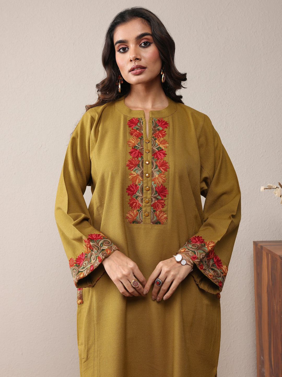  Mustard Floral Embroidered Wool Straight Kurta 