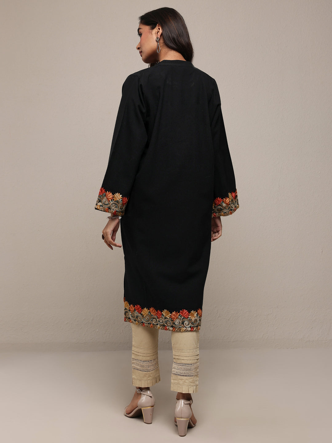  Black Floral Embroidered Wool Straight Kurta 