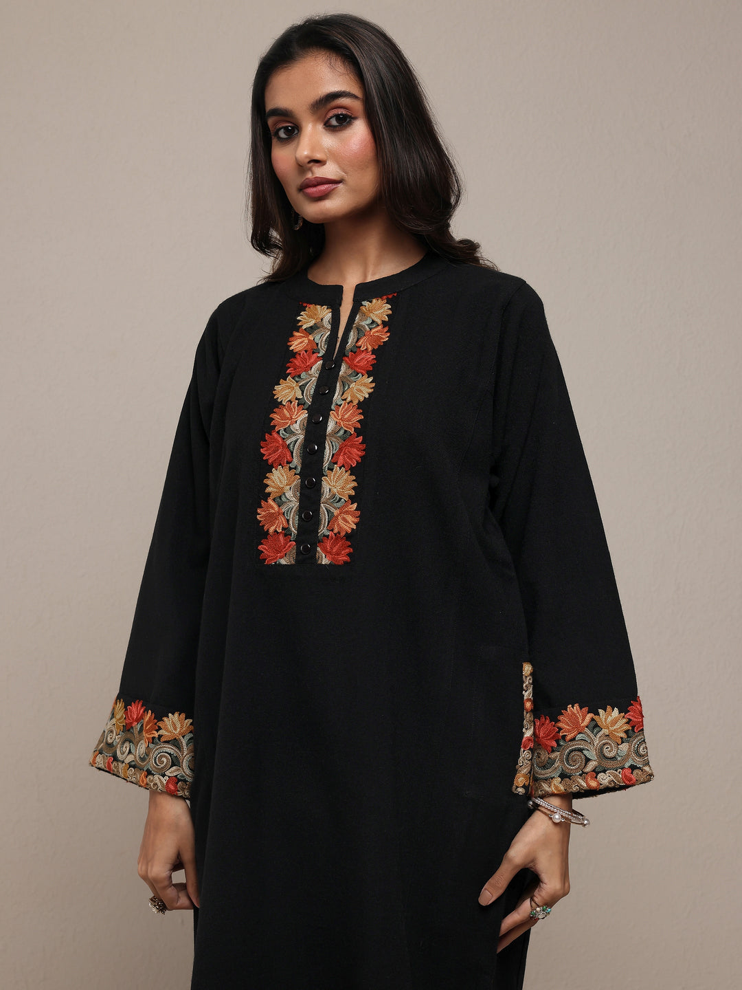  Black Floral Embroidered Wool Straight Kurta 