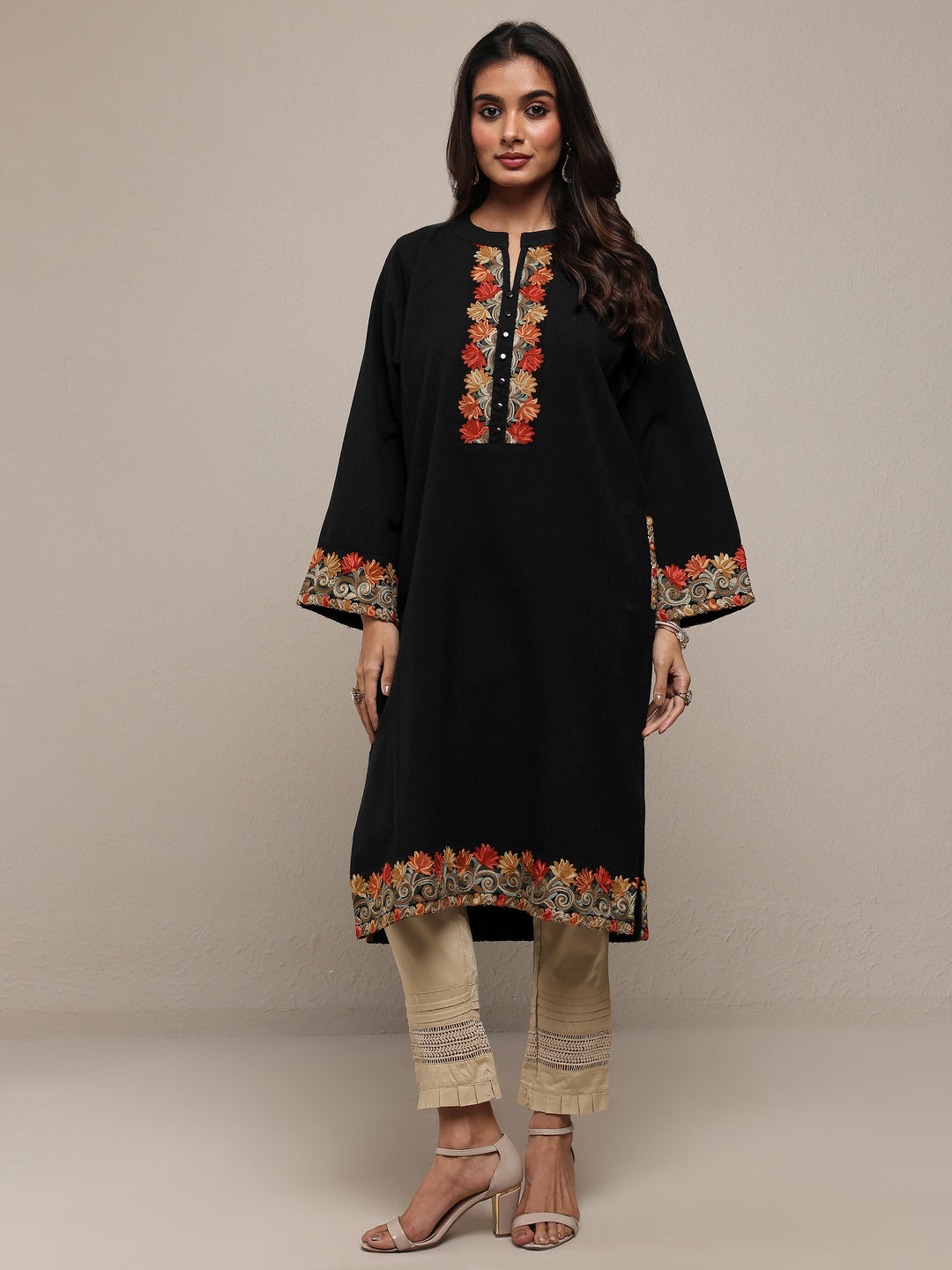  Black Floral Embroidered Wool Straight Kurta 