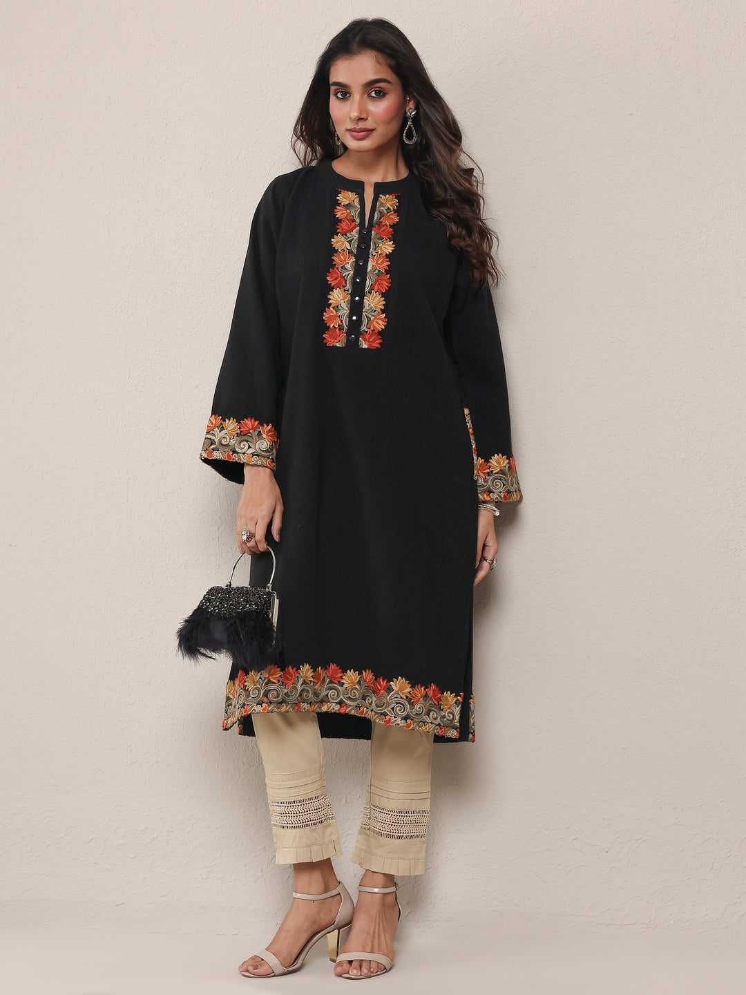  Black Floral Embroidered Wool Straight Kurta 