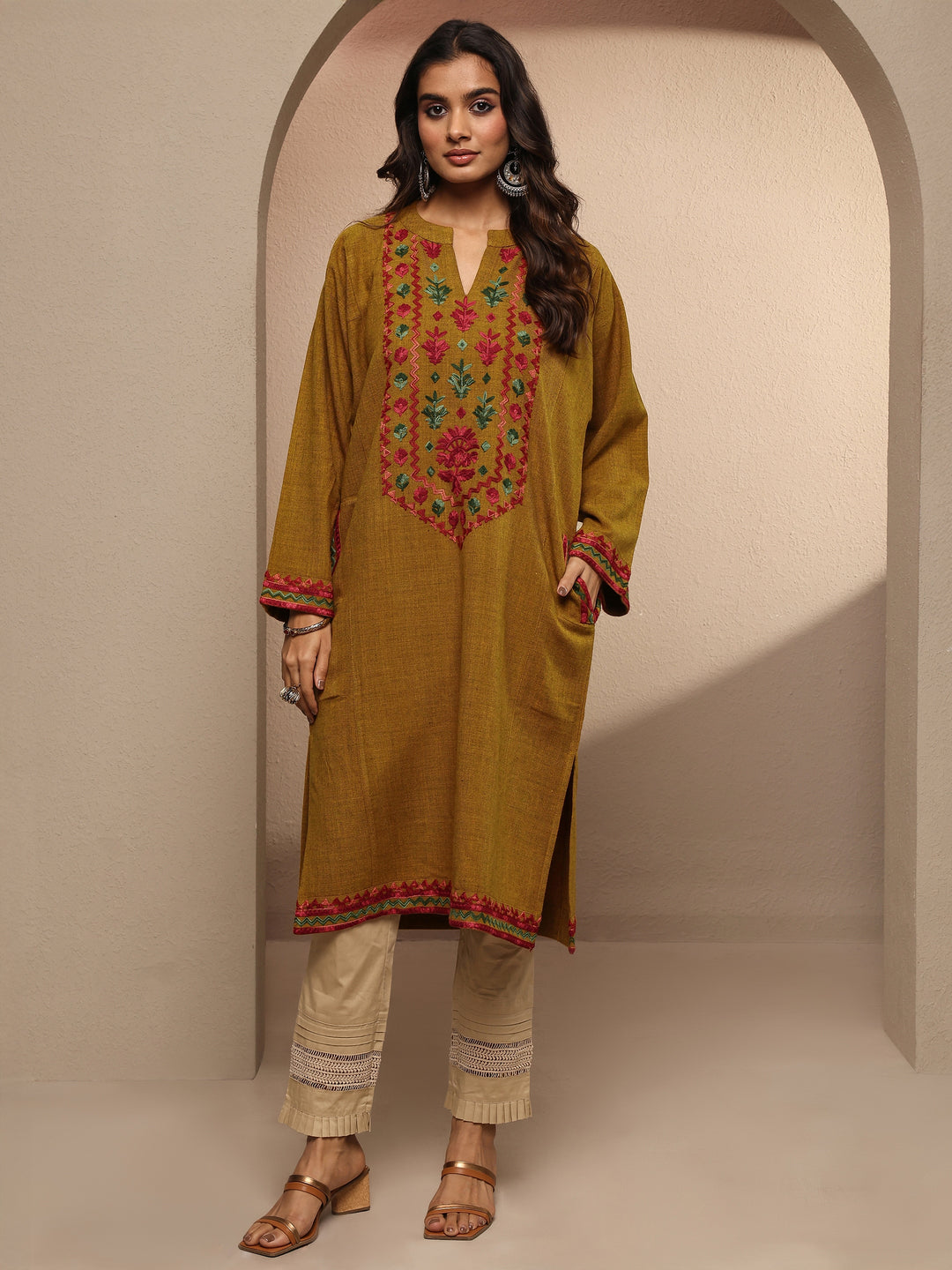  Mustard Embroidered Wool Straight Kurta 