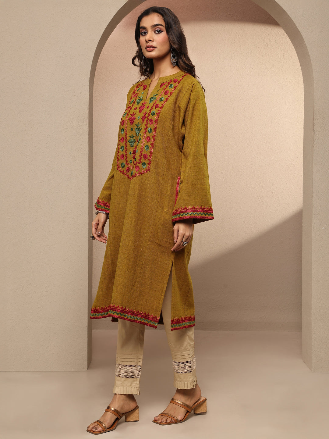  Mustard Embroidered Wool Straight Kurta 