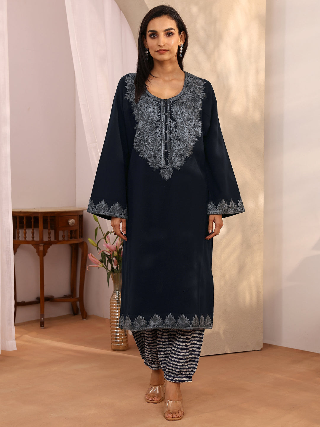  Navy Blue Embroidered Wool Straight Kurta 