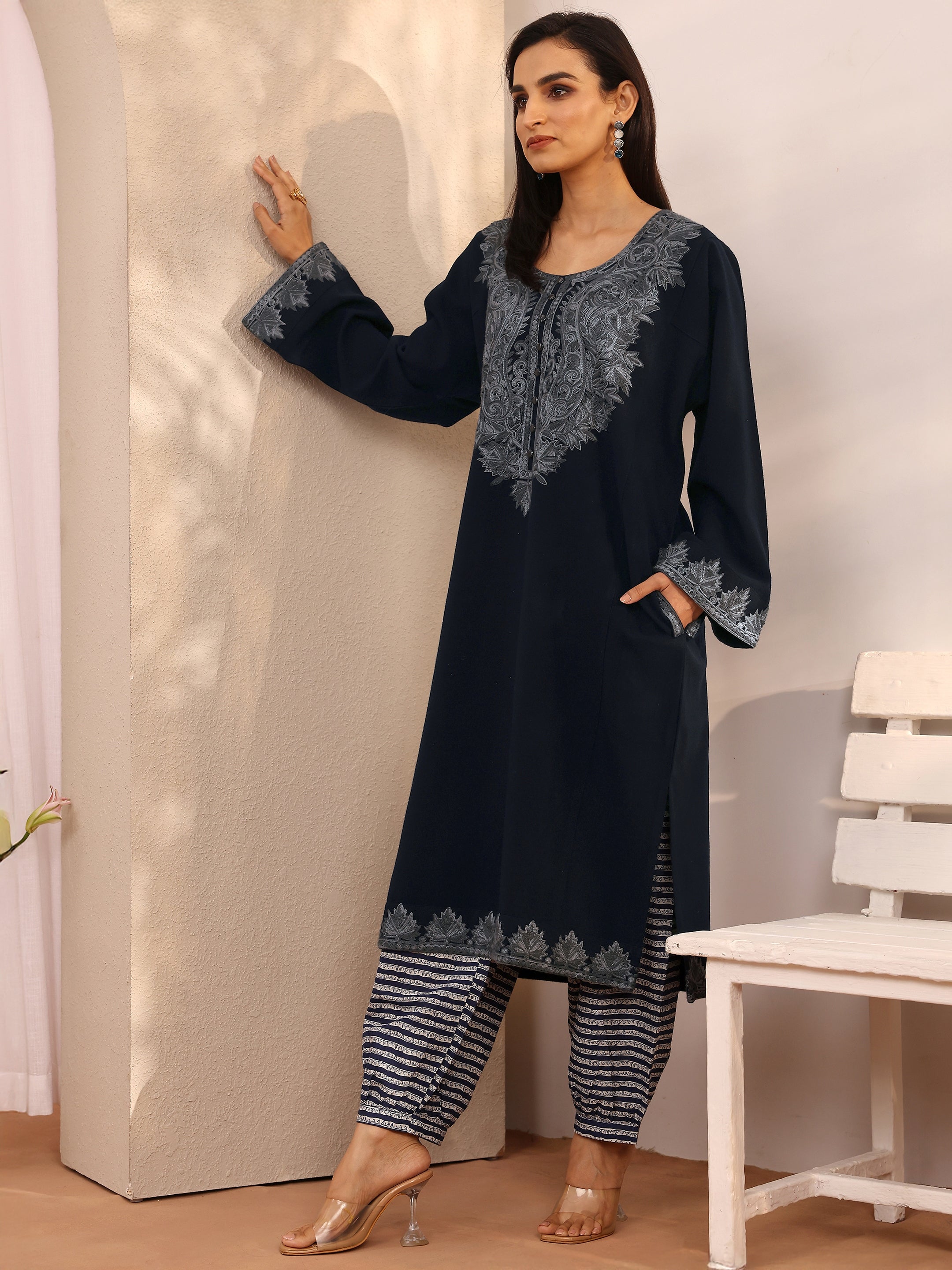 libas Navy Blue Embroidered Wool Straight Kurta-picture-13