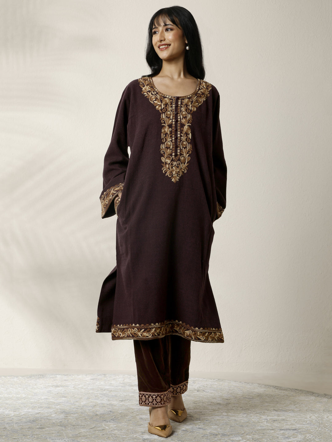  Burgundy Embroidered Wool Straight Kurta 
