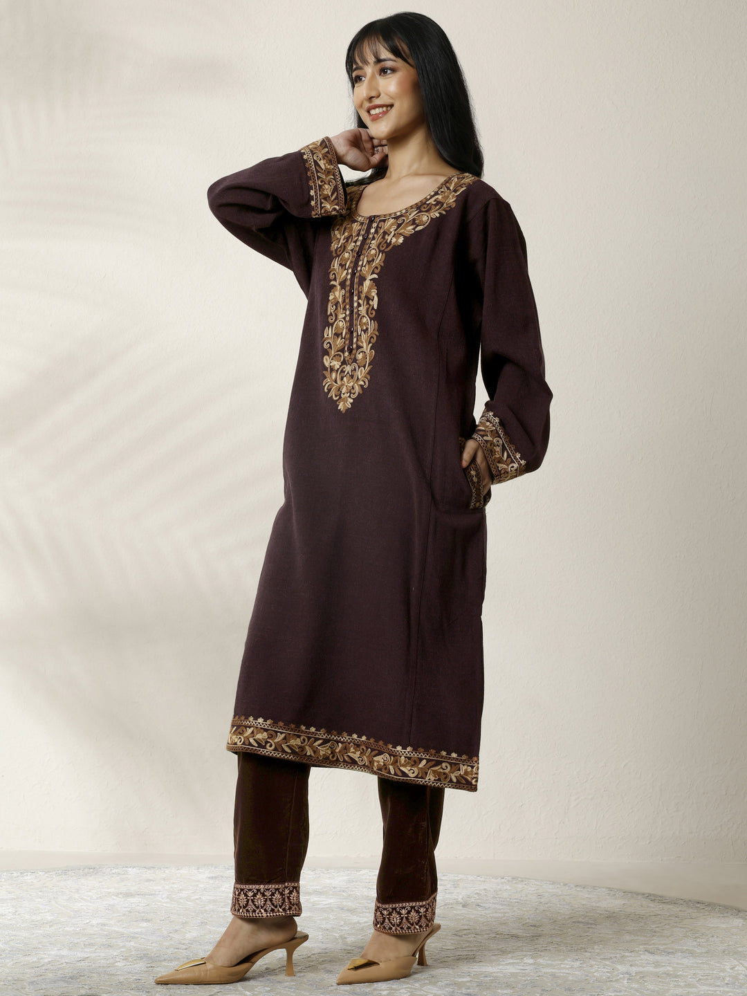  Burgundy Embroidered Wool Straight Kurta 