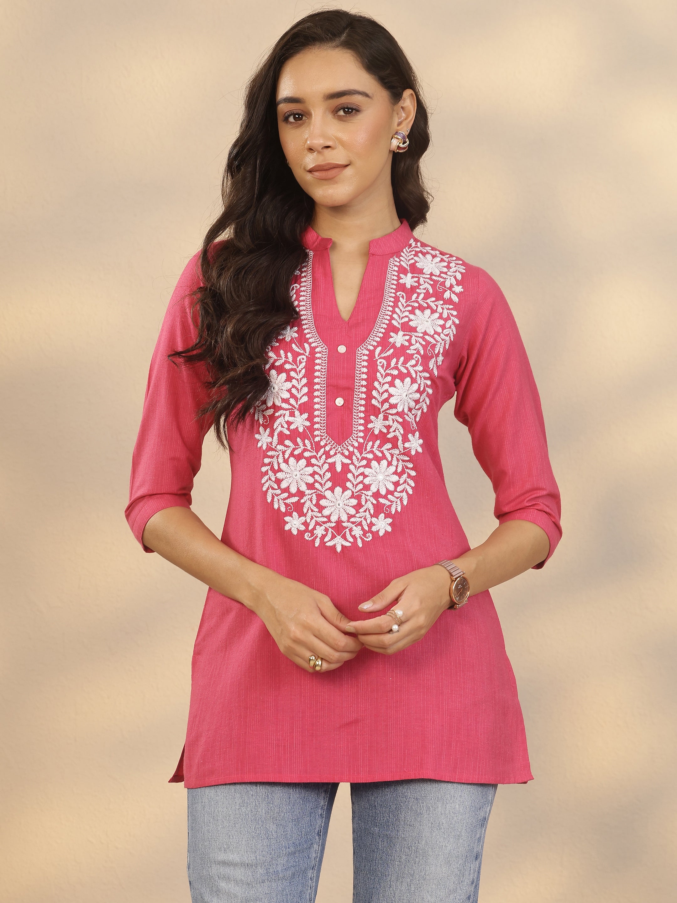 libas Pink Yoke Design Cotton Blend Straight Short Kurti-picture-55