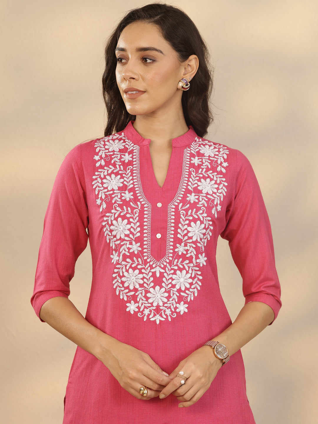  Pink Yoke Design Cotton Blend Straight Short Kurti 