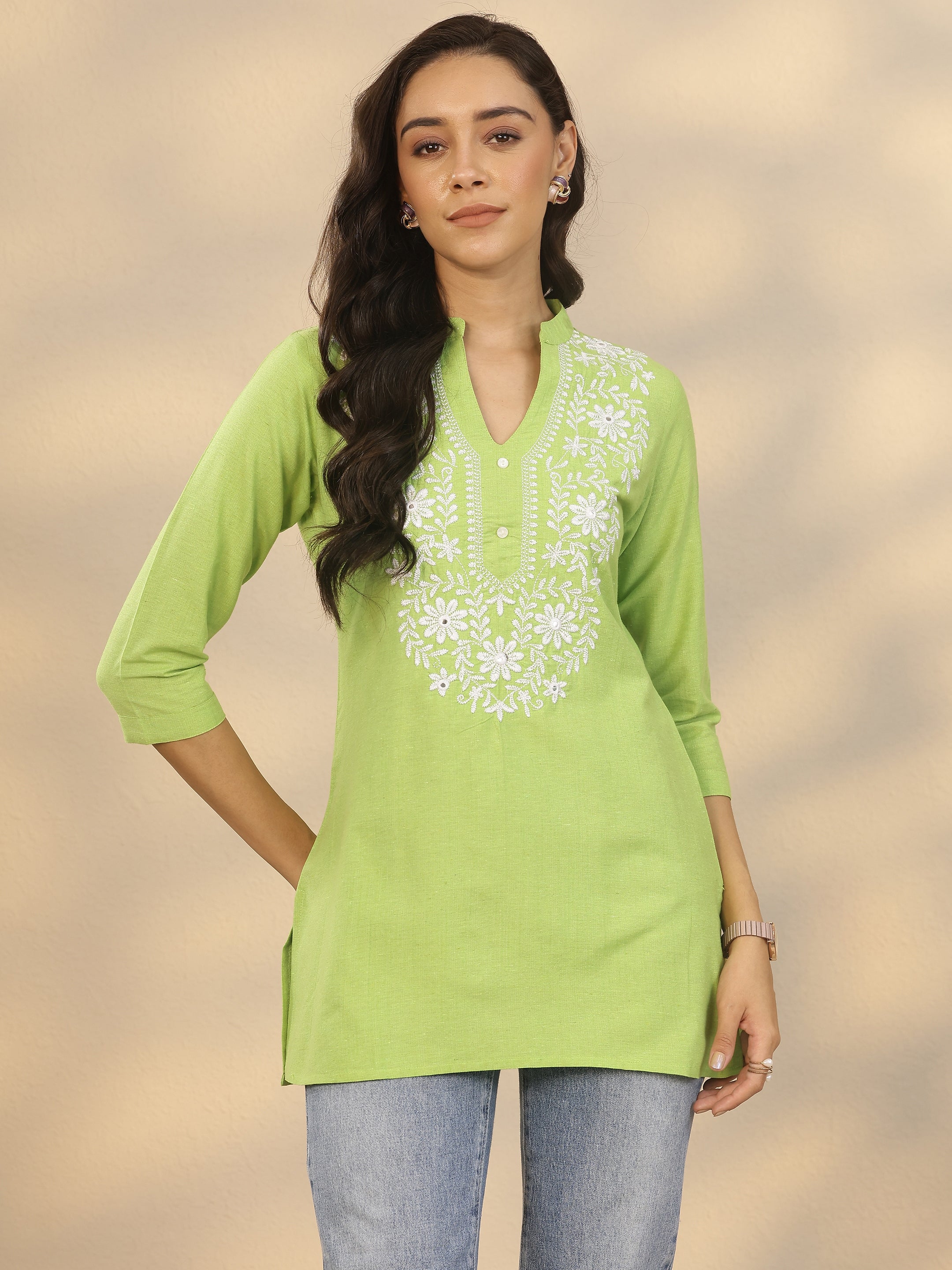 libas Green Yoke Design Cotton Blend Straight Short Kurti-picture-23