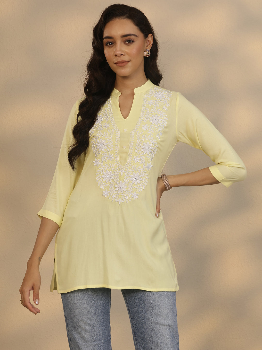 Yellow Yoke Design Rayon Straight Short Kurti 