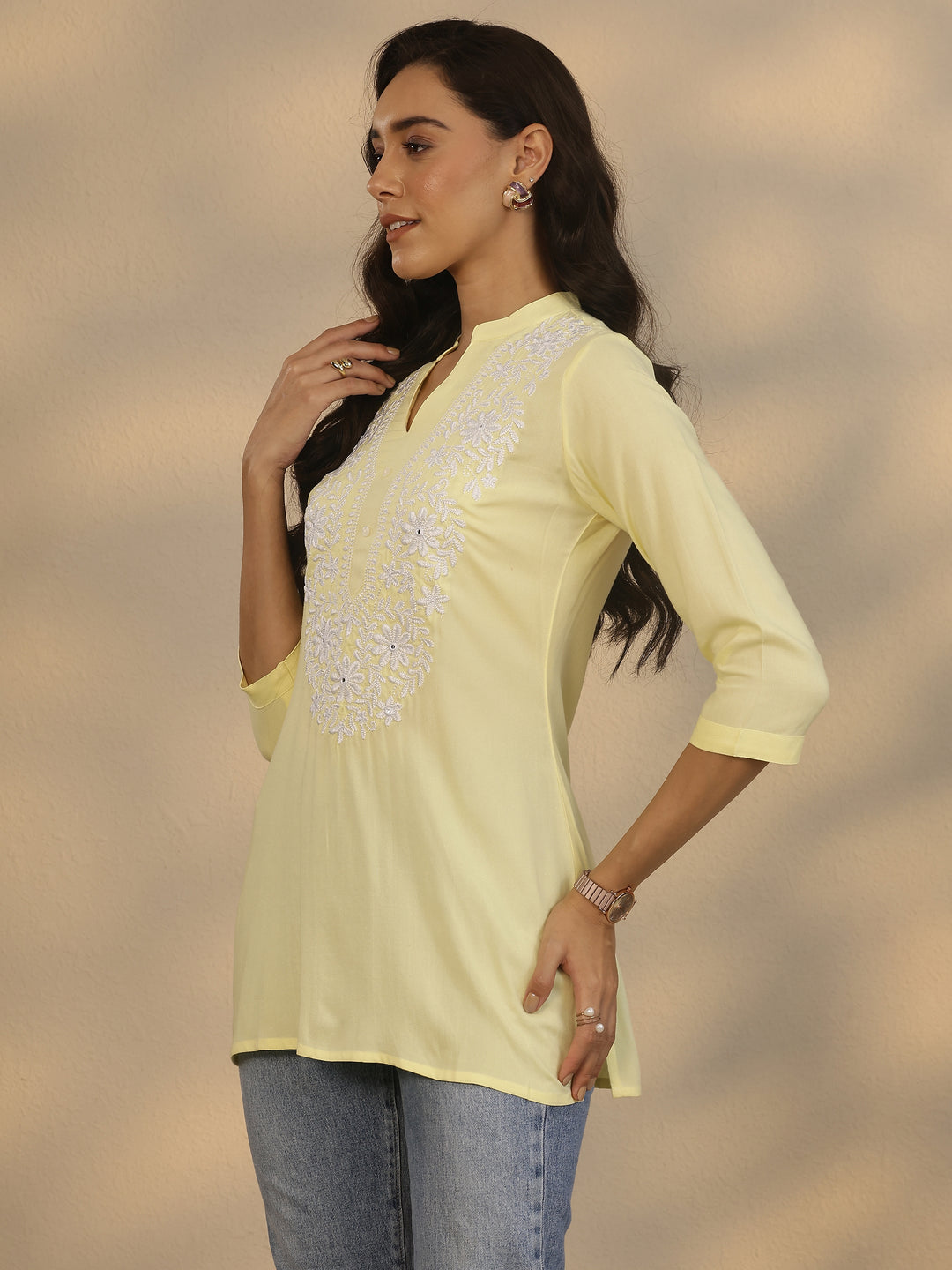  Yellow Yoke Design Rayon Straight Short Kurti 