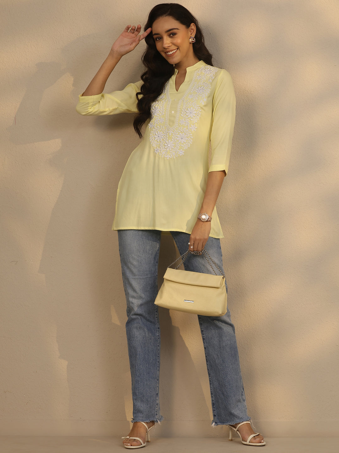  Yellow Yoke Design Rayon Straight Short Kurti 