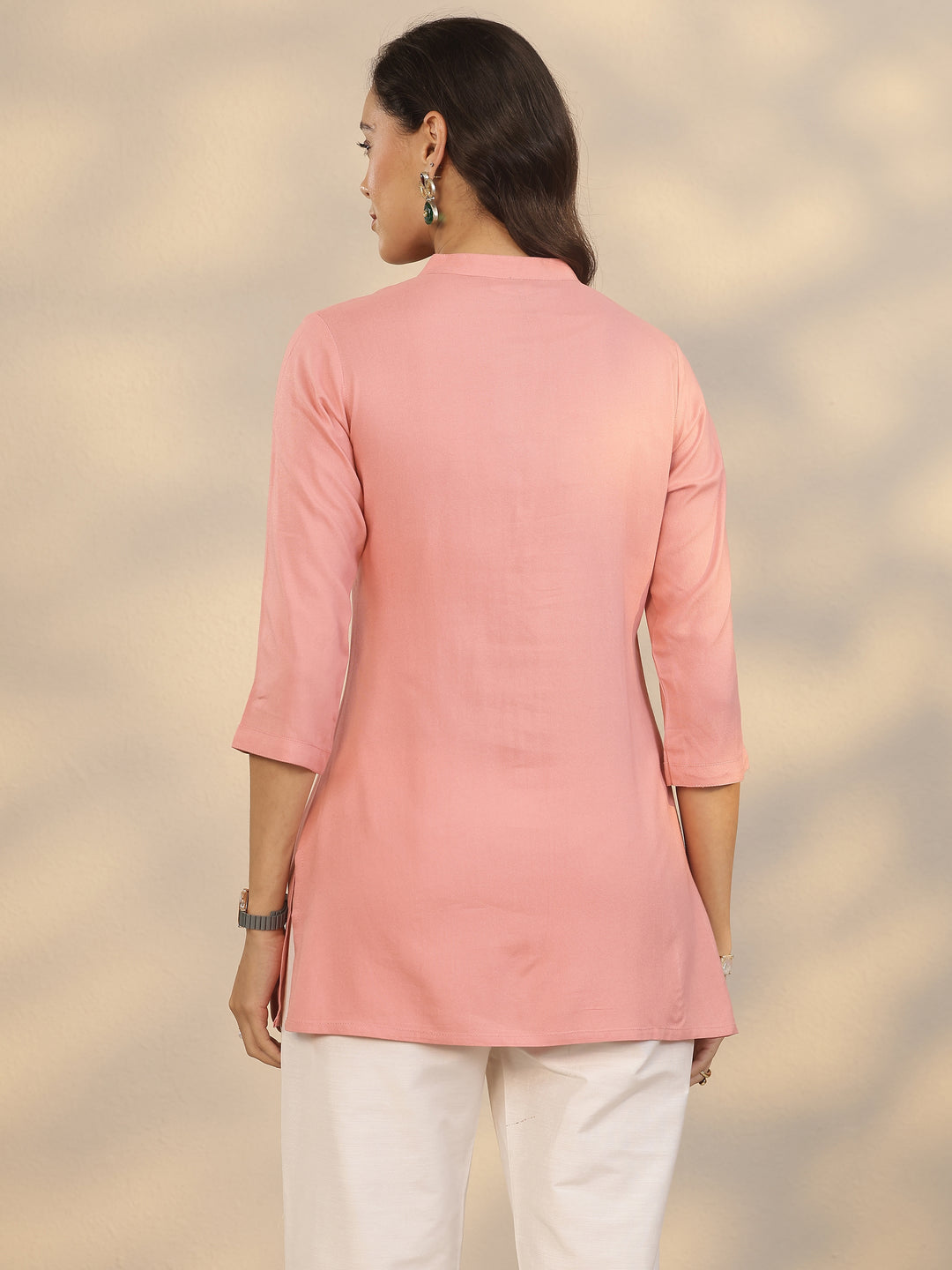  Peach Yoke Design Rayon Straight Short Kurti 