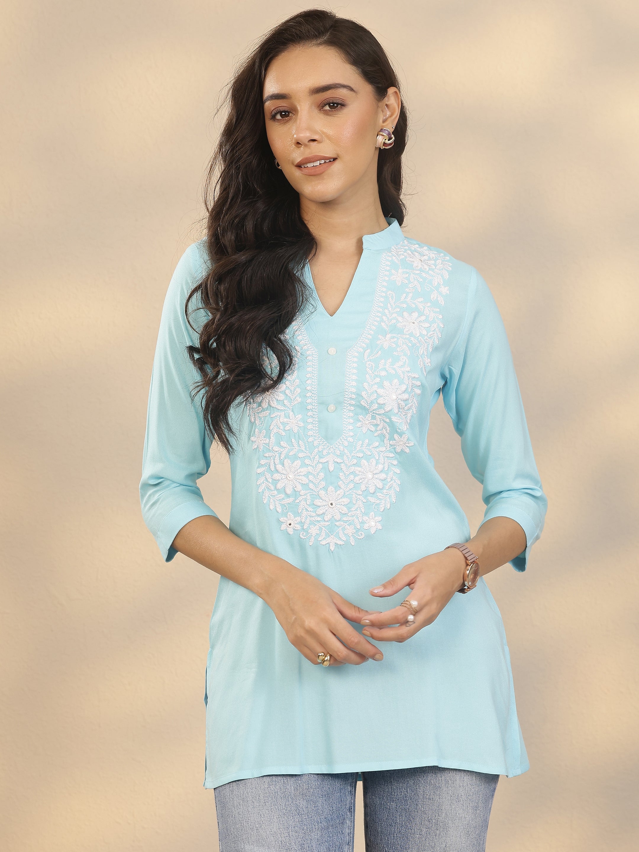 libas Blue Yoke Design Rayon Straight Short Kurti-picture-28