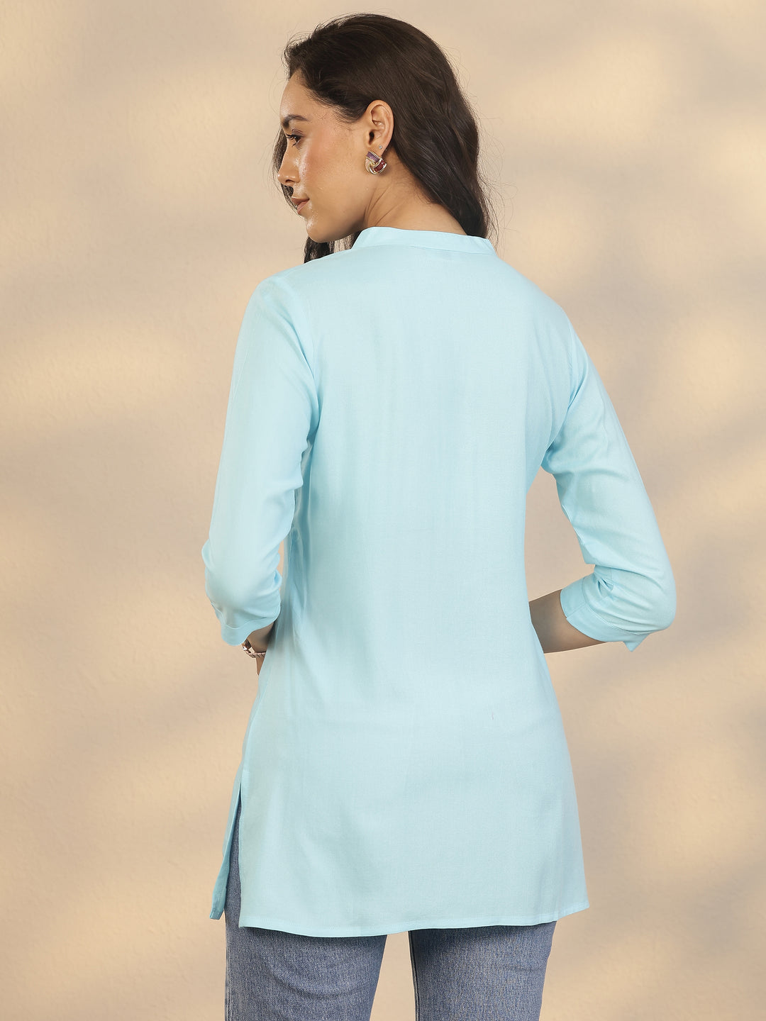  Blue Yoke Design Rayon Straight Short Kurti 