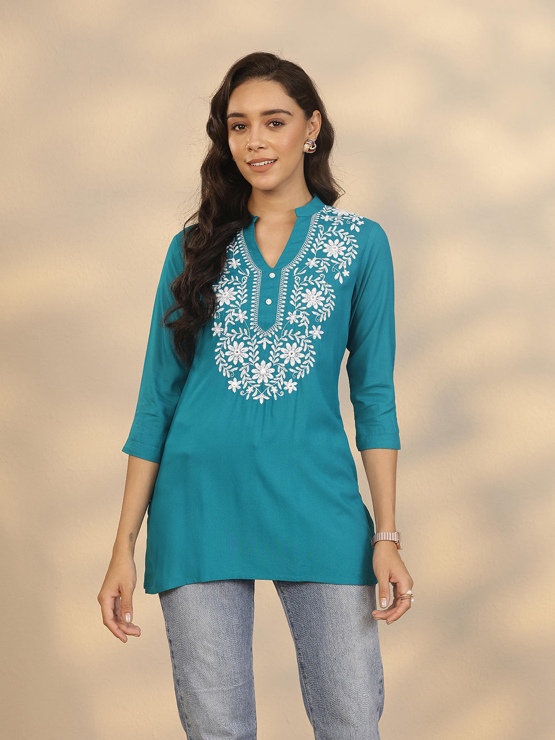 libas Blue Yoke Design Rayon Straight Short Kurti-picture-49
