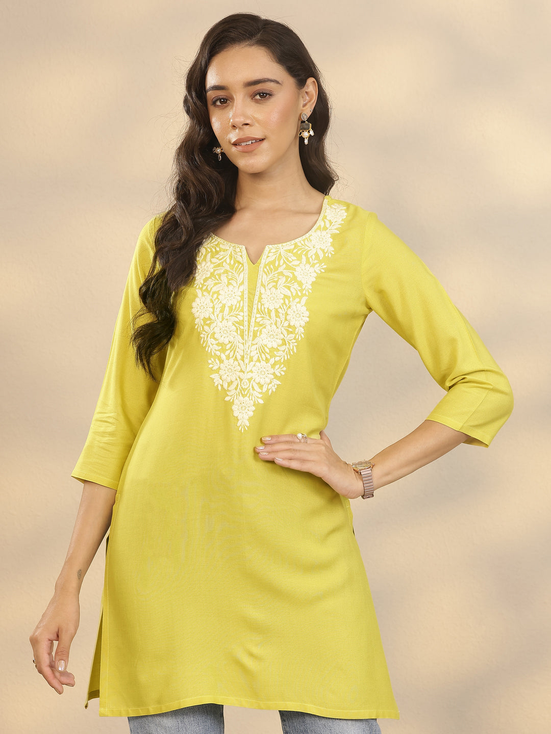 Yellow Embroidered Rayon Straight Short Kurti