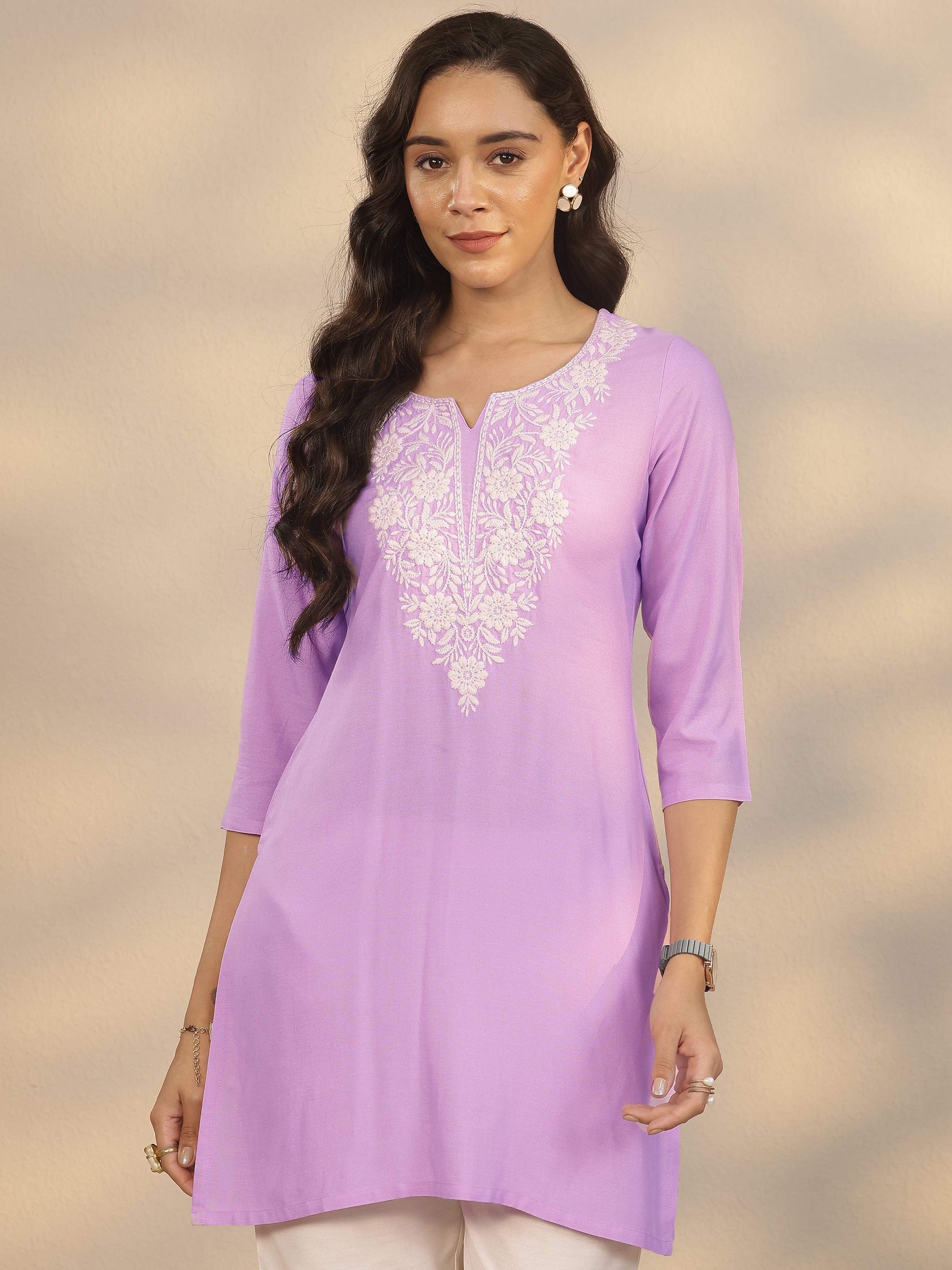 libas Lavender Embroidered Rayon Straight Short Kurti-picture-60