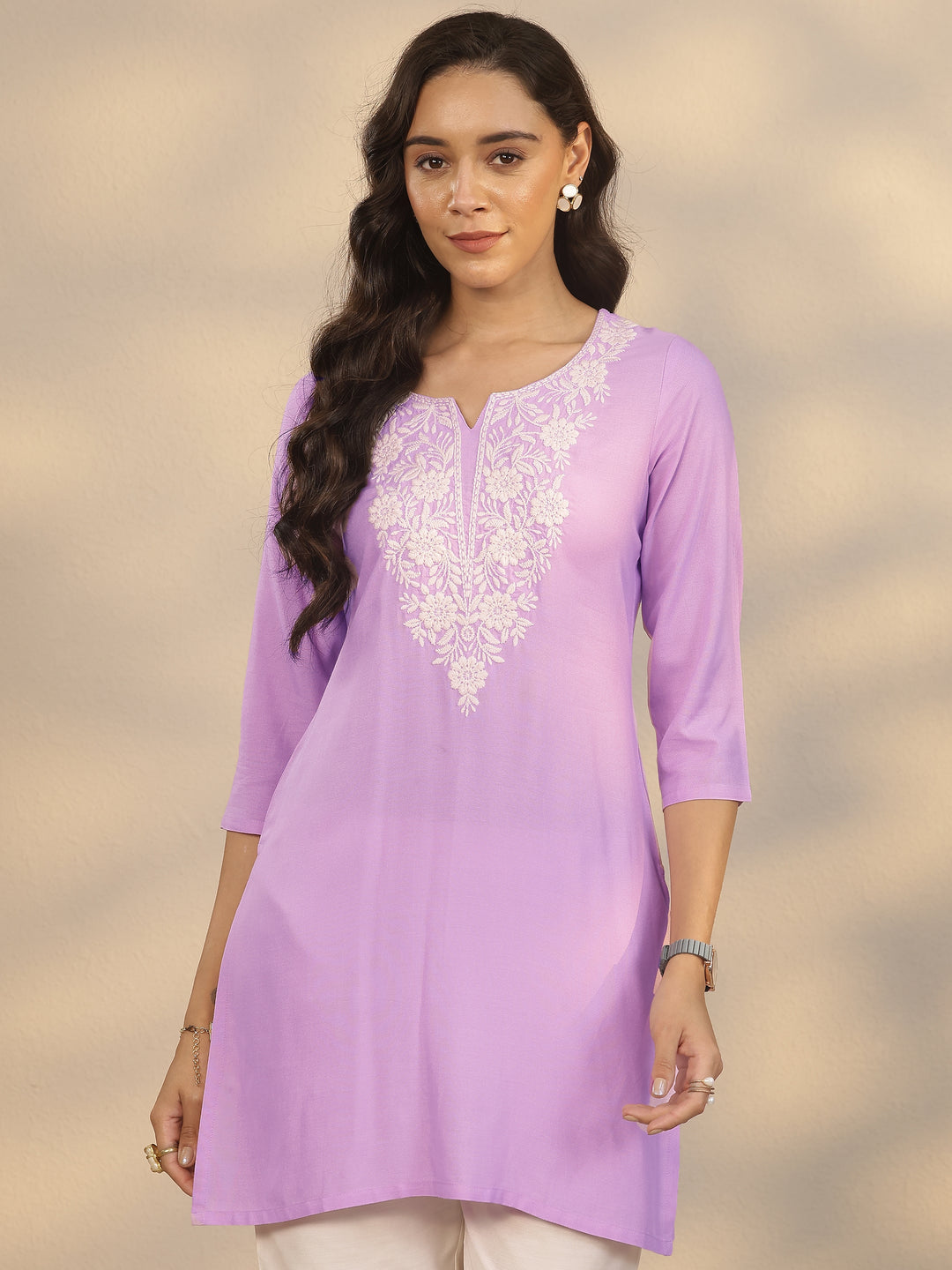 Lavender Embroidered Rayon Straight Short Kurti