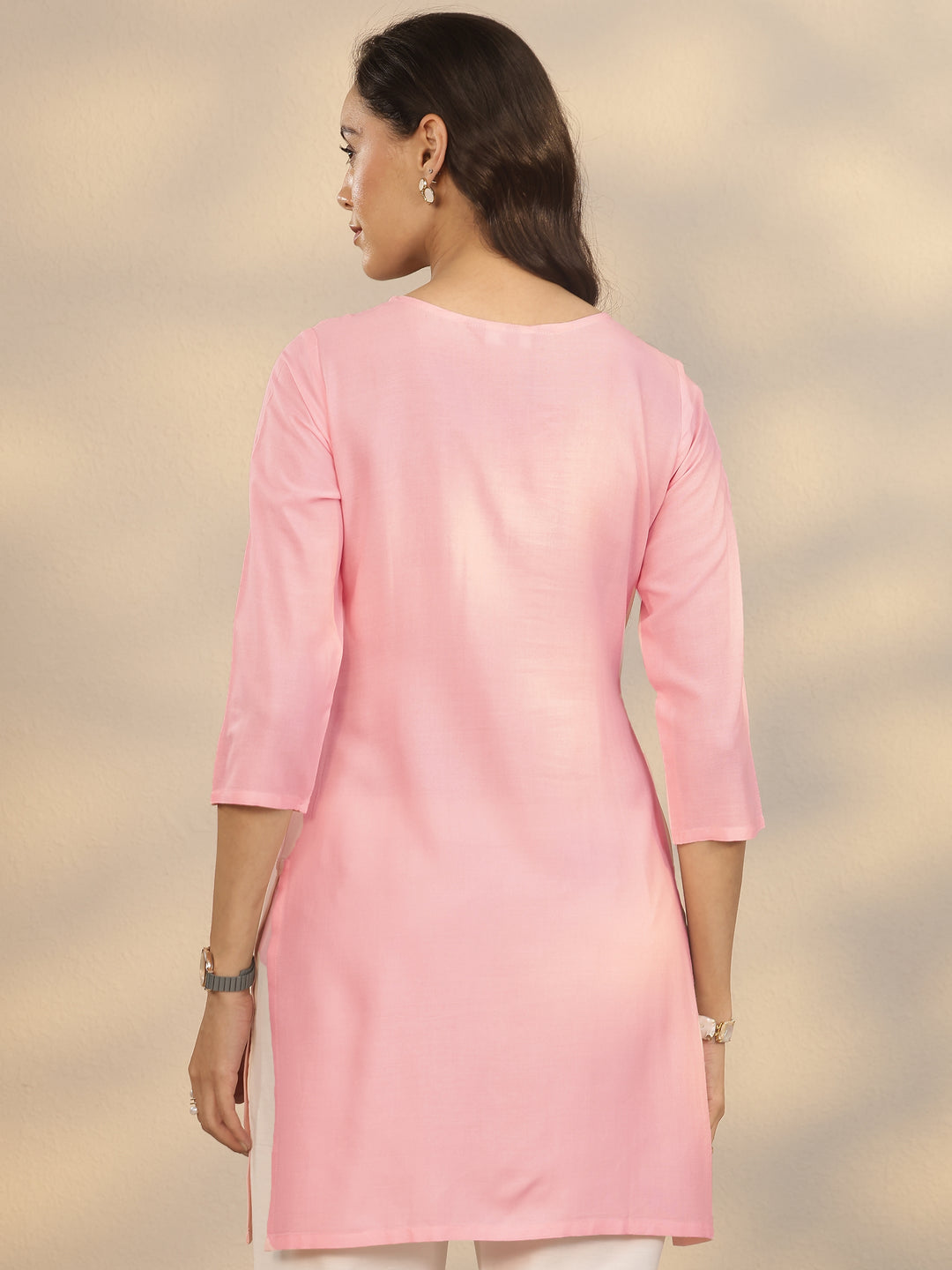  Pink Embroidered Rayon Straight Short Kurti 