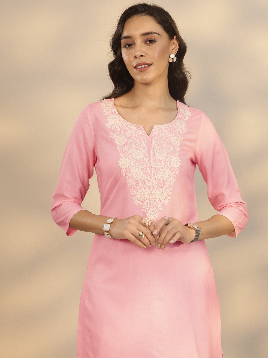  Pink Embroidered Rayon Straight Short Kurti 