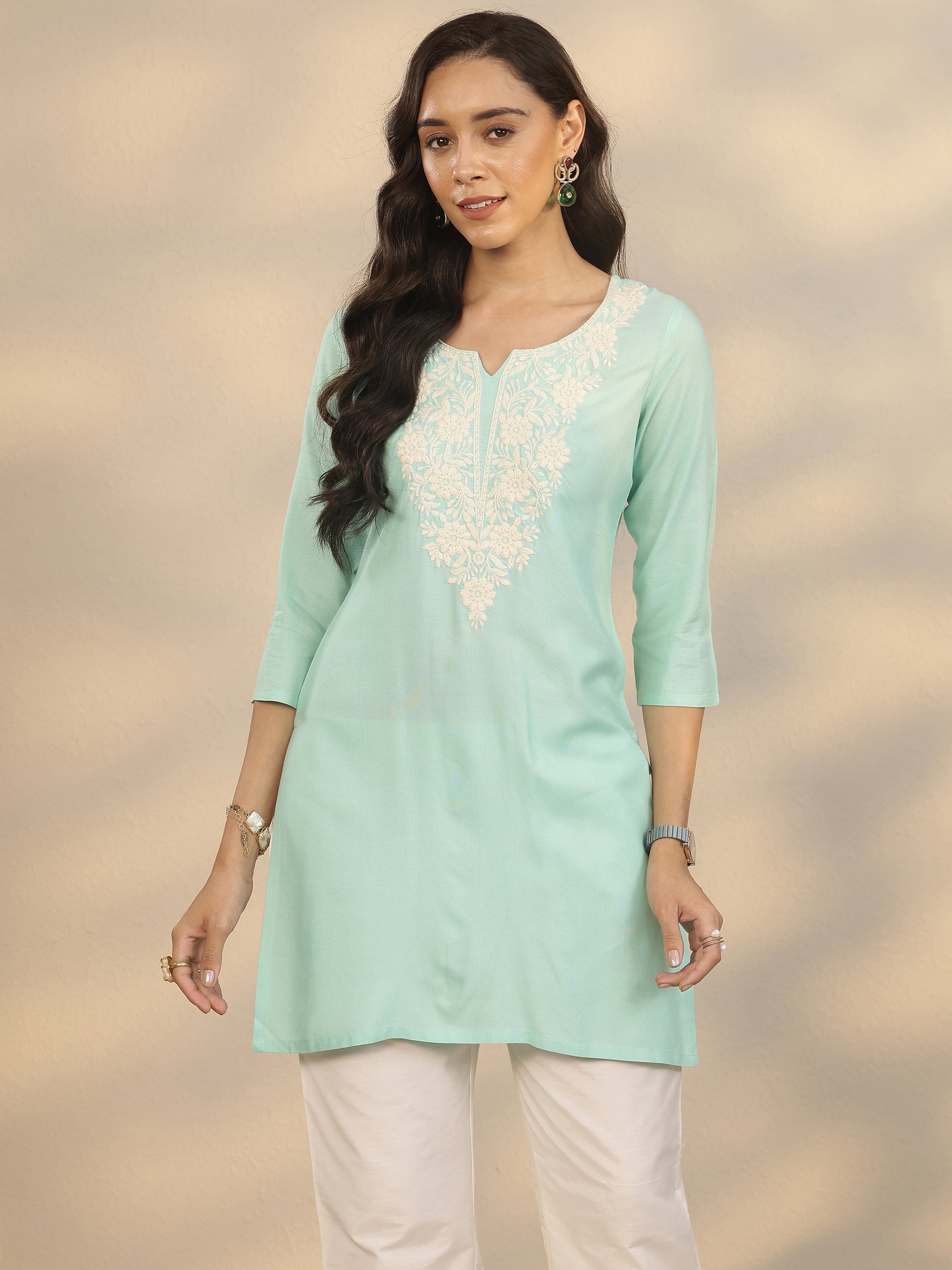 libas Green Embroidered Rayon Straight Short Kurti-picture-17