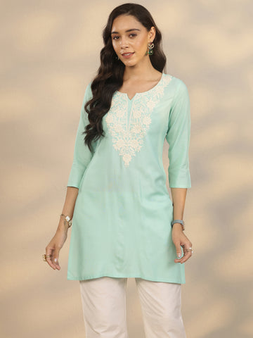Green Embroidered Rayon Straight Short Kurti