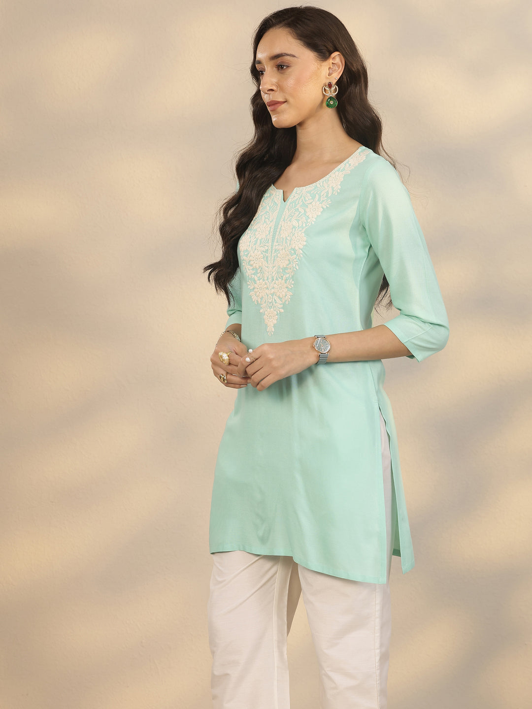  Green Embroidered Rayon Straight Short Kurti 