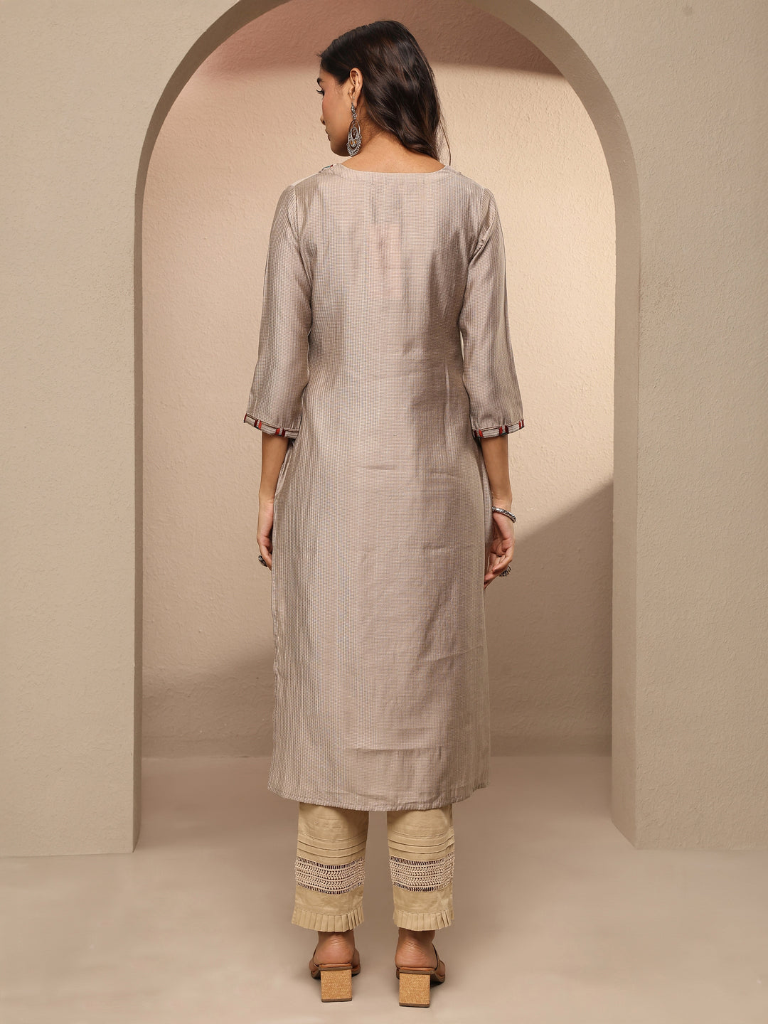  Taupe Embroidered Silk Blend Straight Kurta 