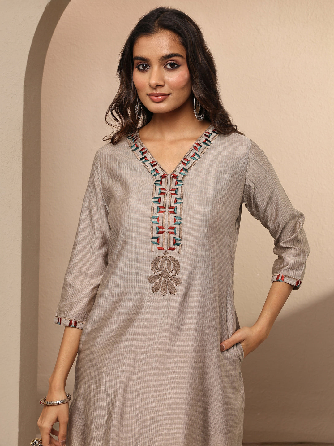  Taupe Embroidered Silk Blend Straight Kurta 