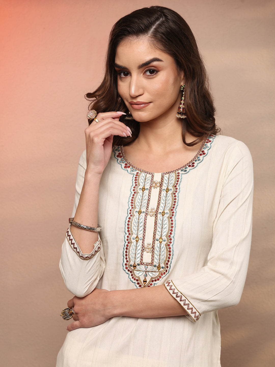  Cream Embellished Silk Blend Straight Kurta 