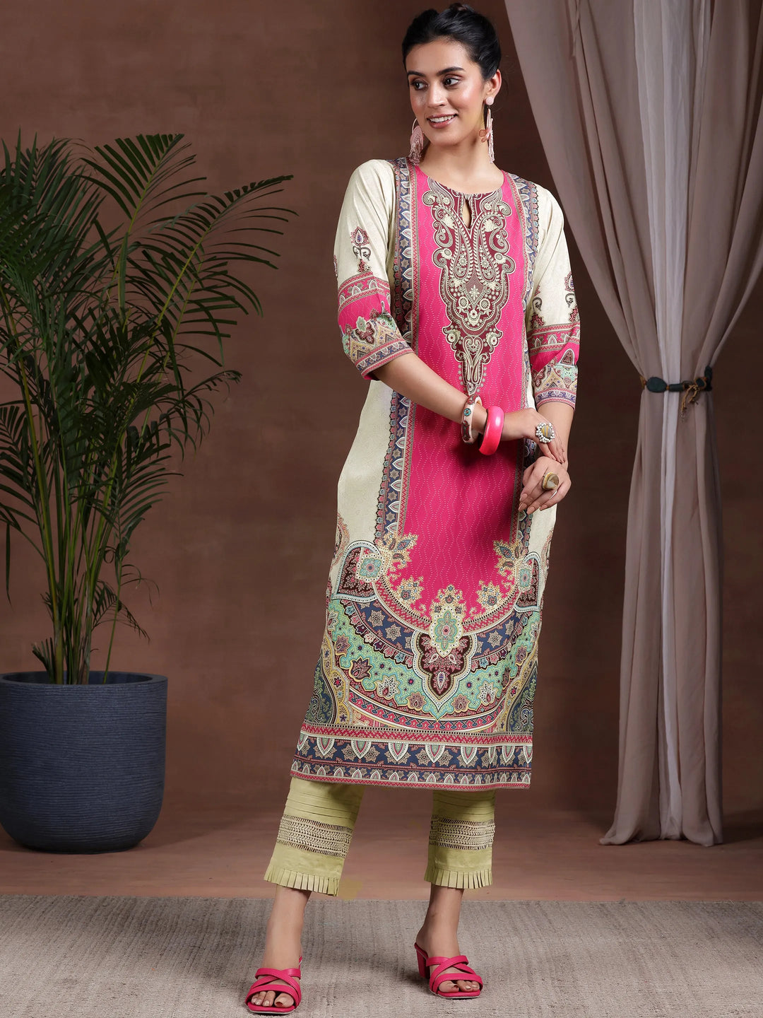  Beige Printed Crepe Straight Kurta 