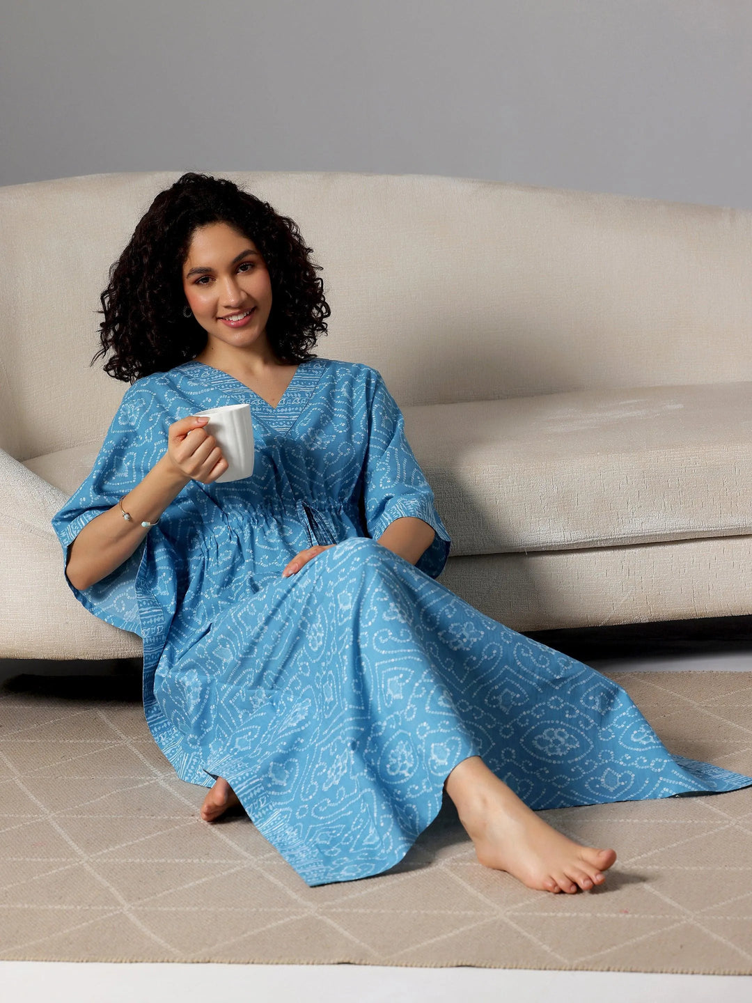 Blue Printed Cotton Kaftan Night Dress - Libas