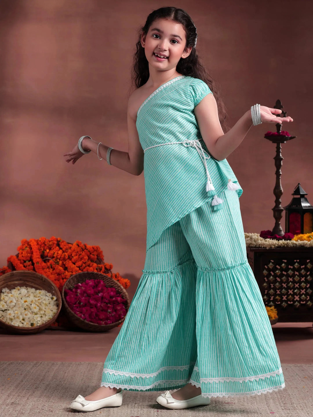  Kids Blue Striped Cotton A-Line Top With Sharara 