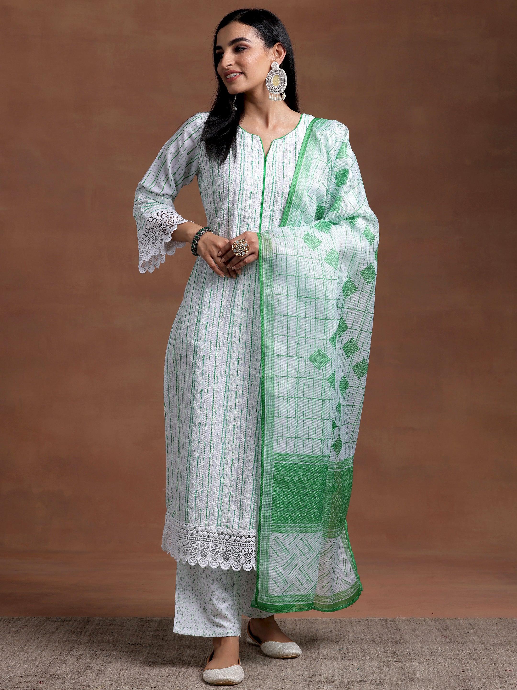 Off White Embroidered Cotton Blend Straight Suit With Dupatta