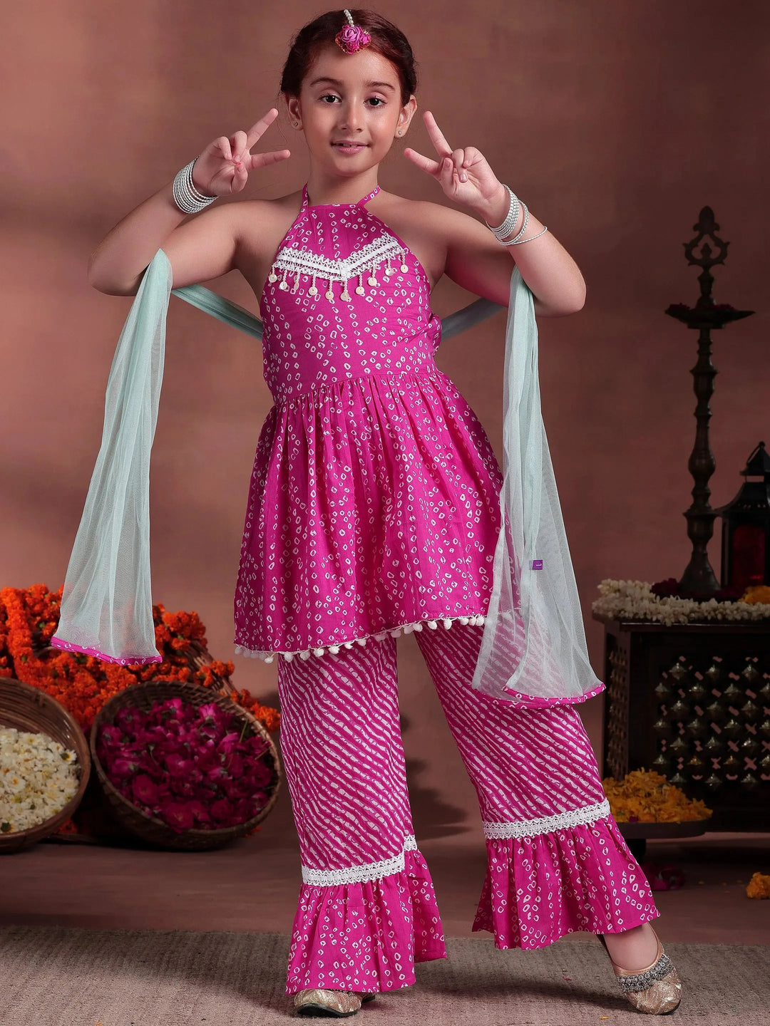 Kids Pink Printed Cotton A-Line Kurti With Palazzos & Dupatta 