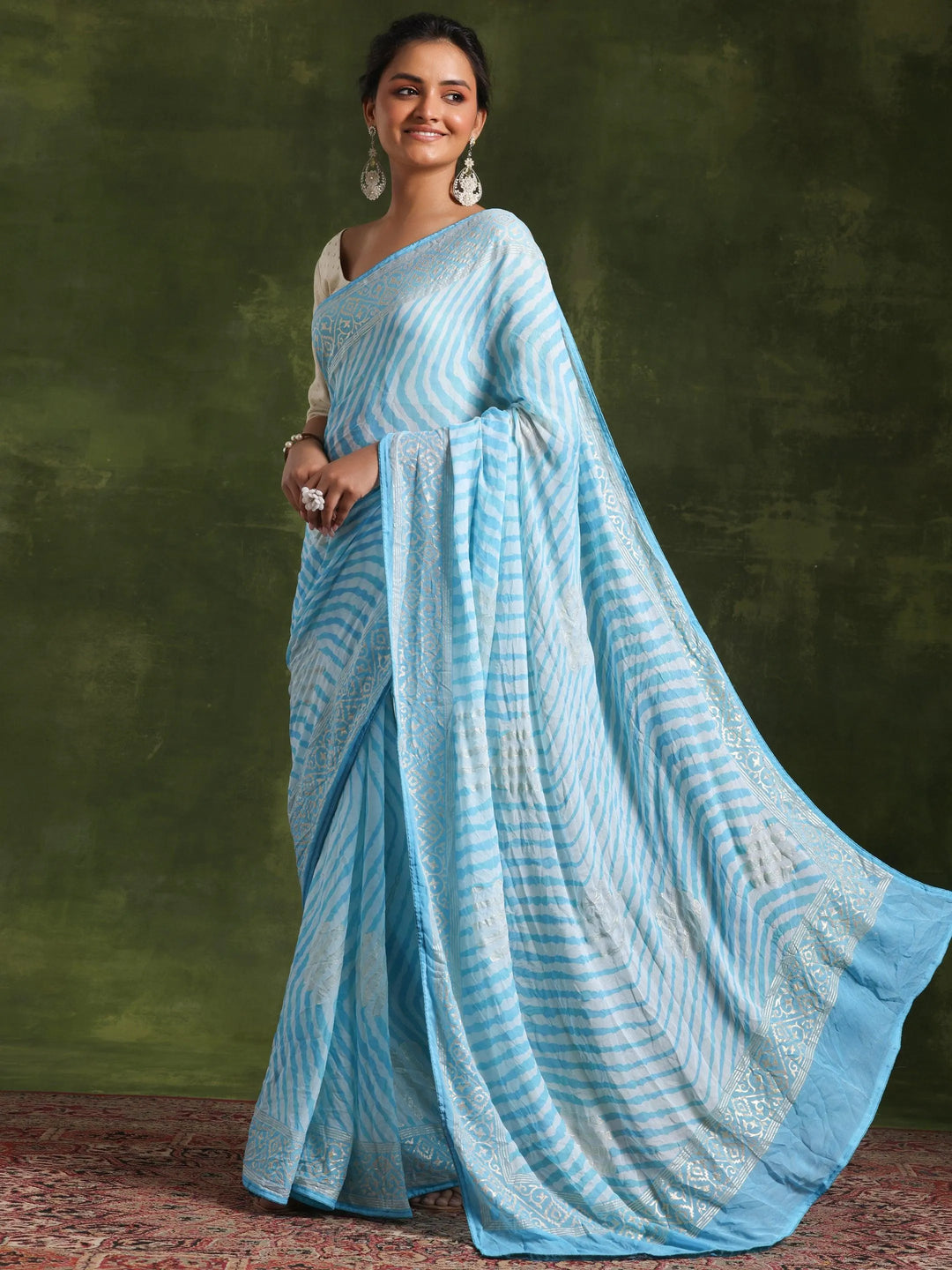 Blue Printed Poly Georgette Saree With Unstitched Blouse Piece - Libas 