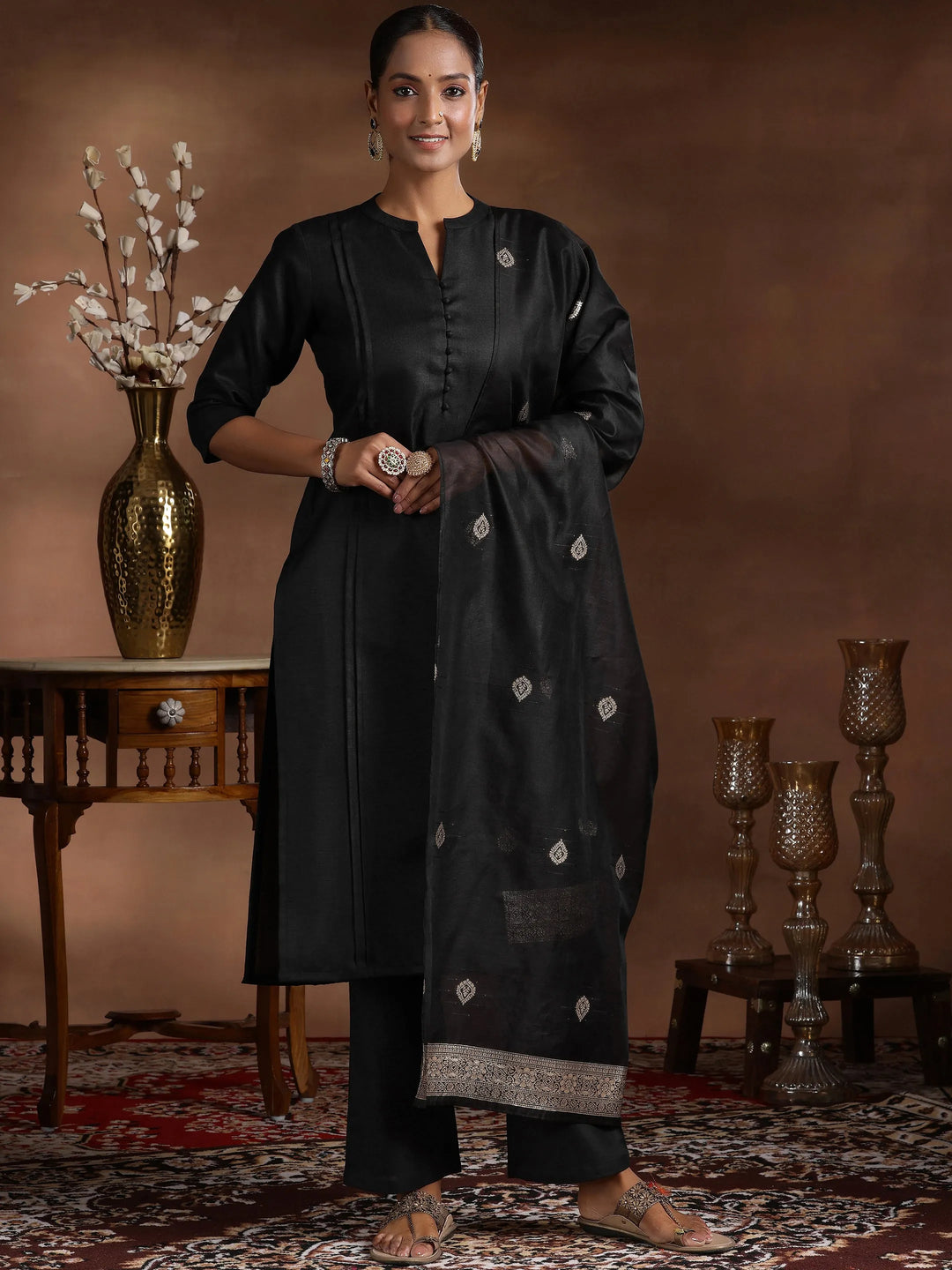 Black Solid Cotton Blend Straight Suit With Dupatta 