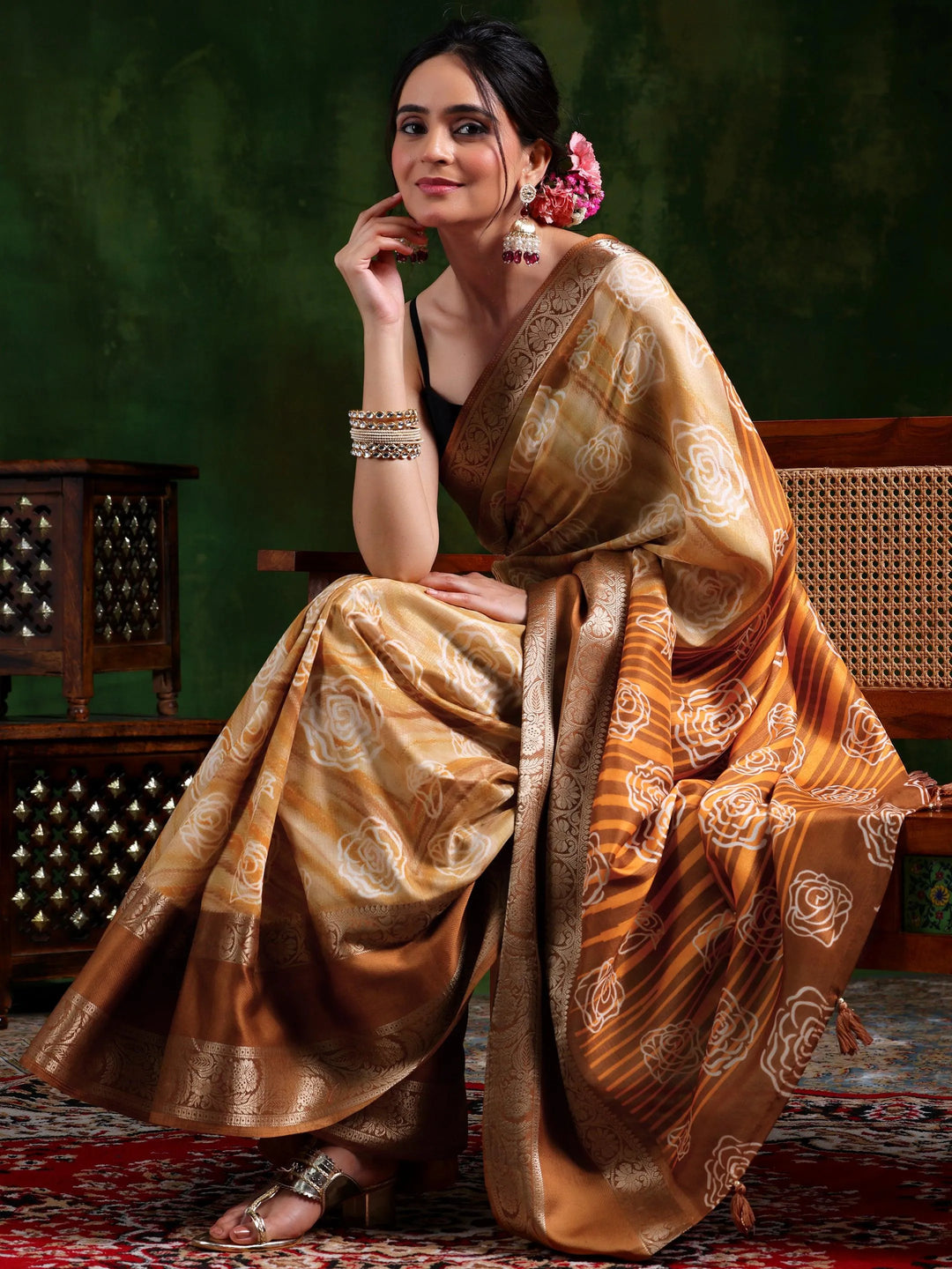 Brown Printed Silk Blend Saree With Unstitched Blouse Piece - Libas 