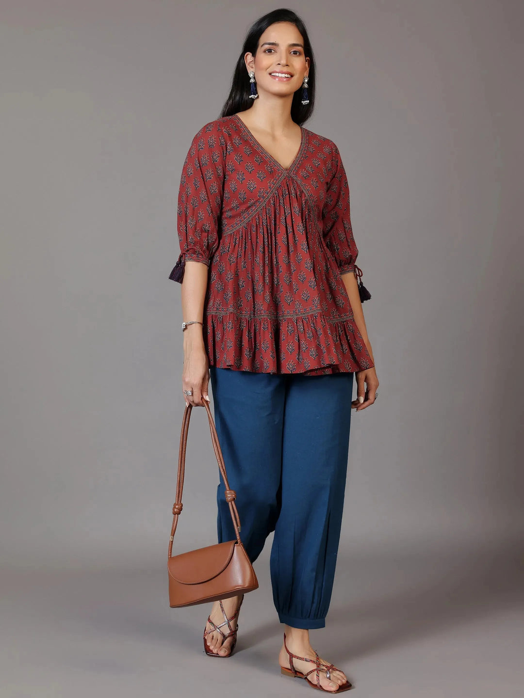  Rust Printed Cotton A-Line Kurti 
