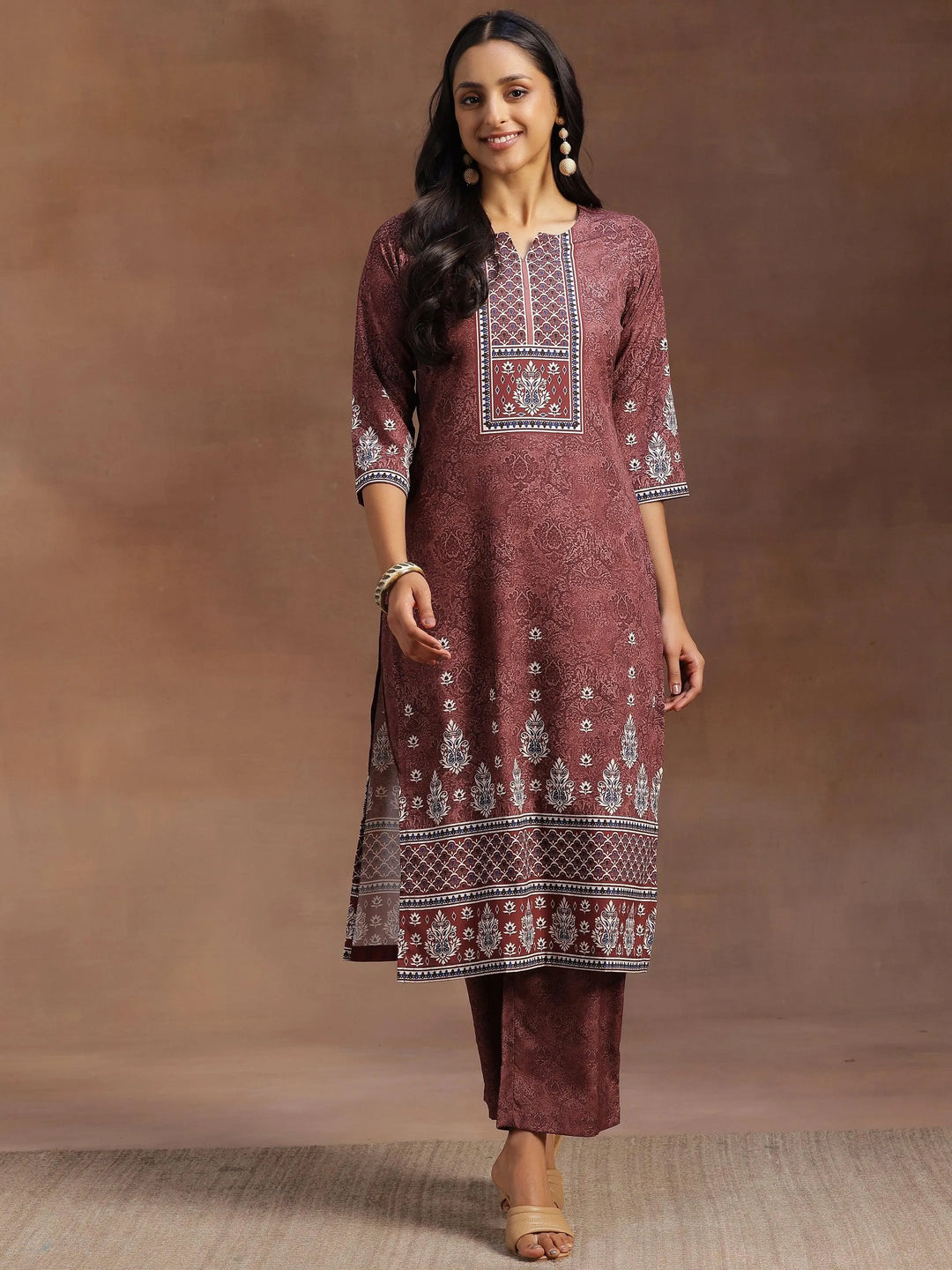 Brown Printed Poly Crepe Straight Kurta With Trousers - Libas 