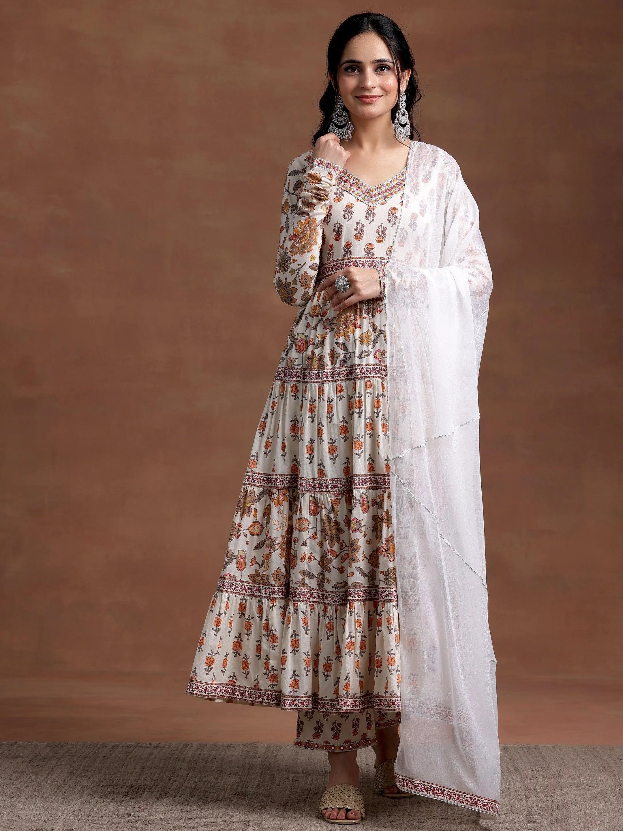 Women Off White Printed A-Line Kurta Trouser With Dupatta Set main image 0