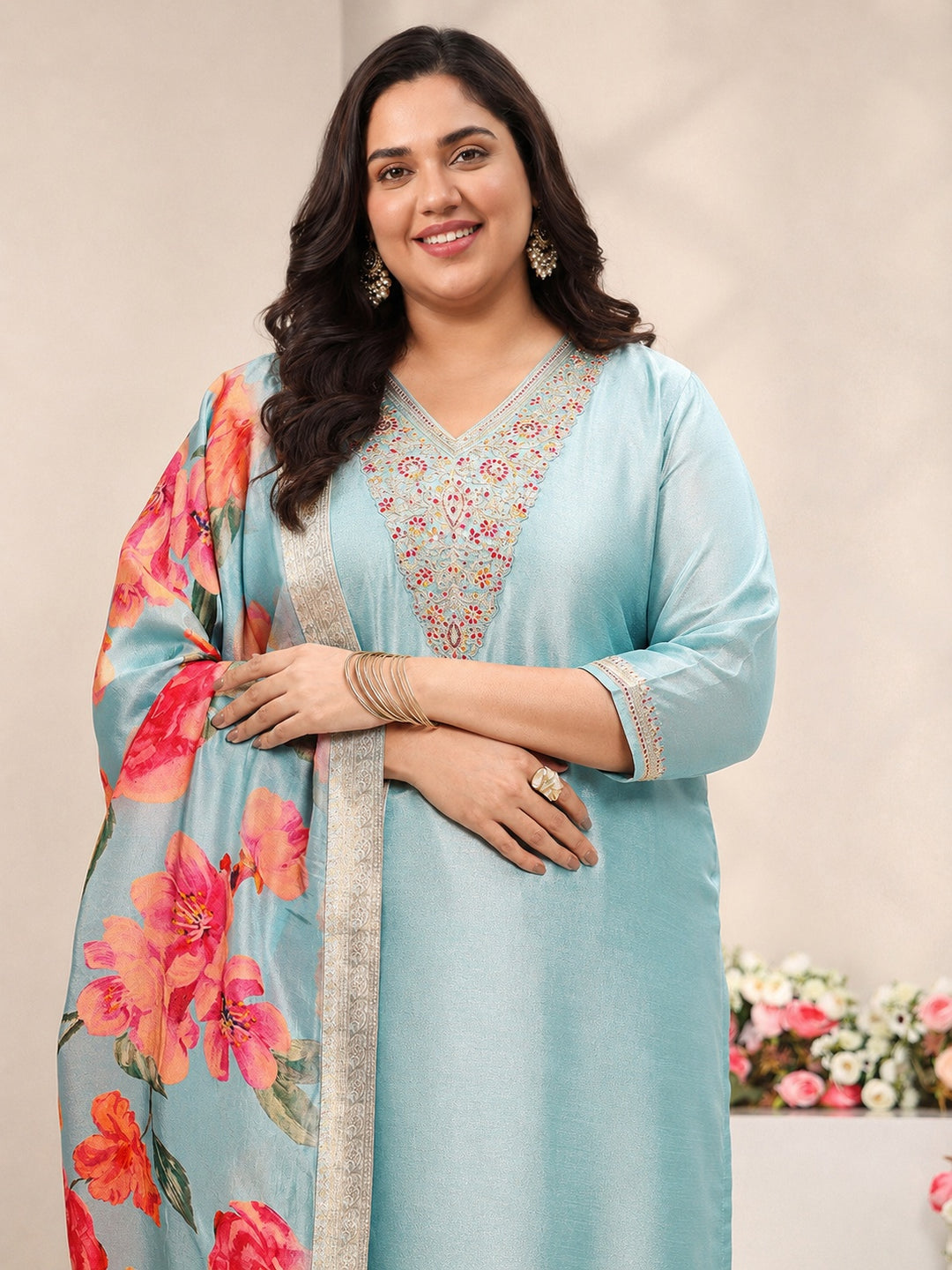  Plus Size Blue Yoke Design Silk Blend Straight Suit Set 