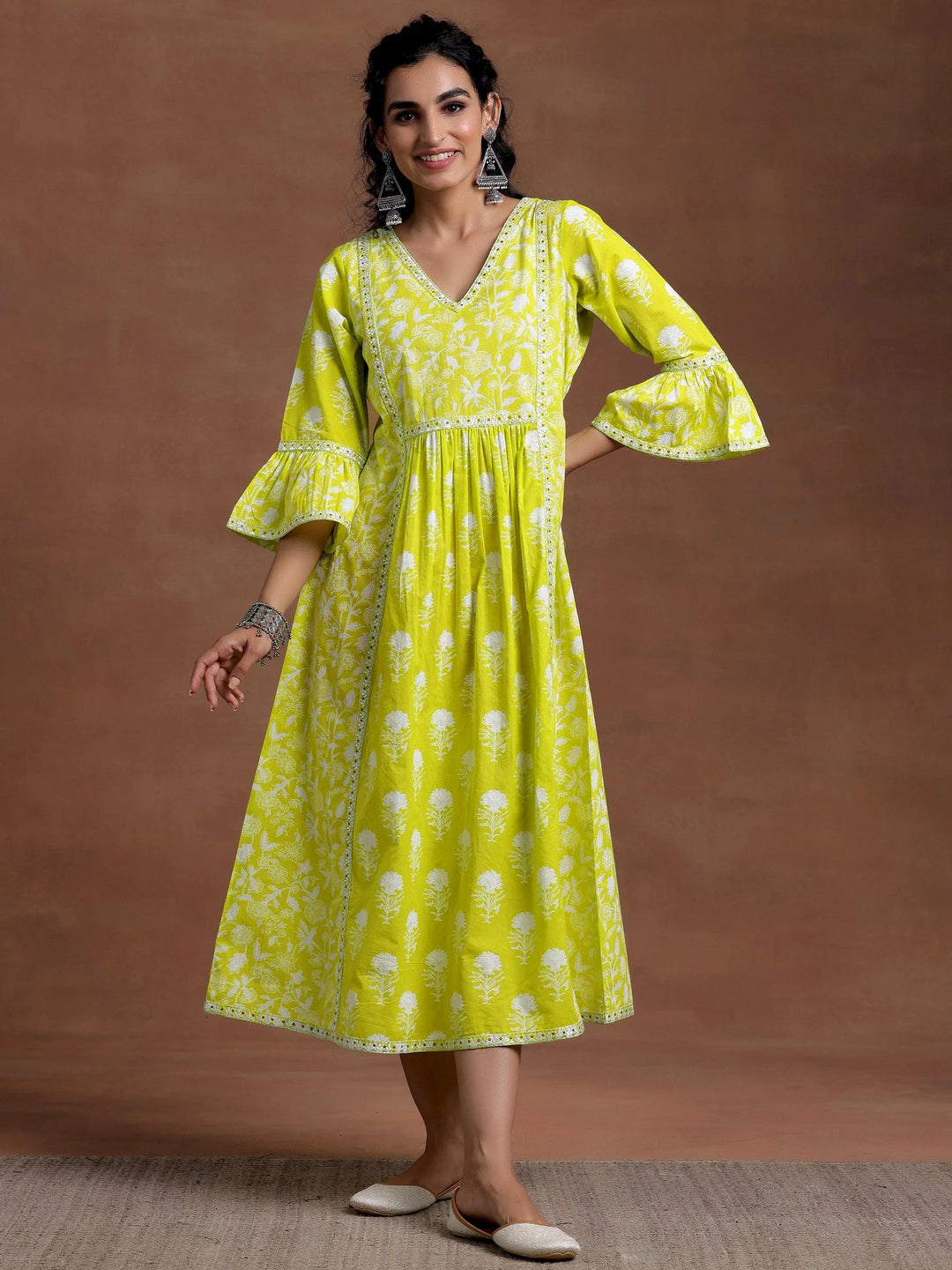 Neon Green Printed Cotton A-Line Dress - Libas 
