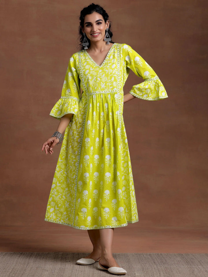 Neon Green Printed Cotton A-Line Dress - Libas