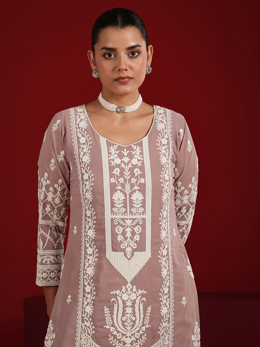 Libas Art Pink Embroidered Georgette Straight Suit Set With Dupatta 