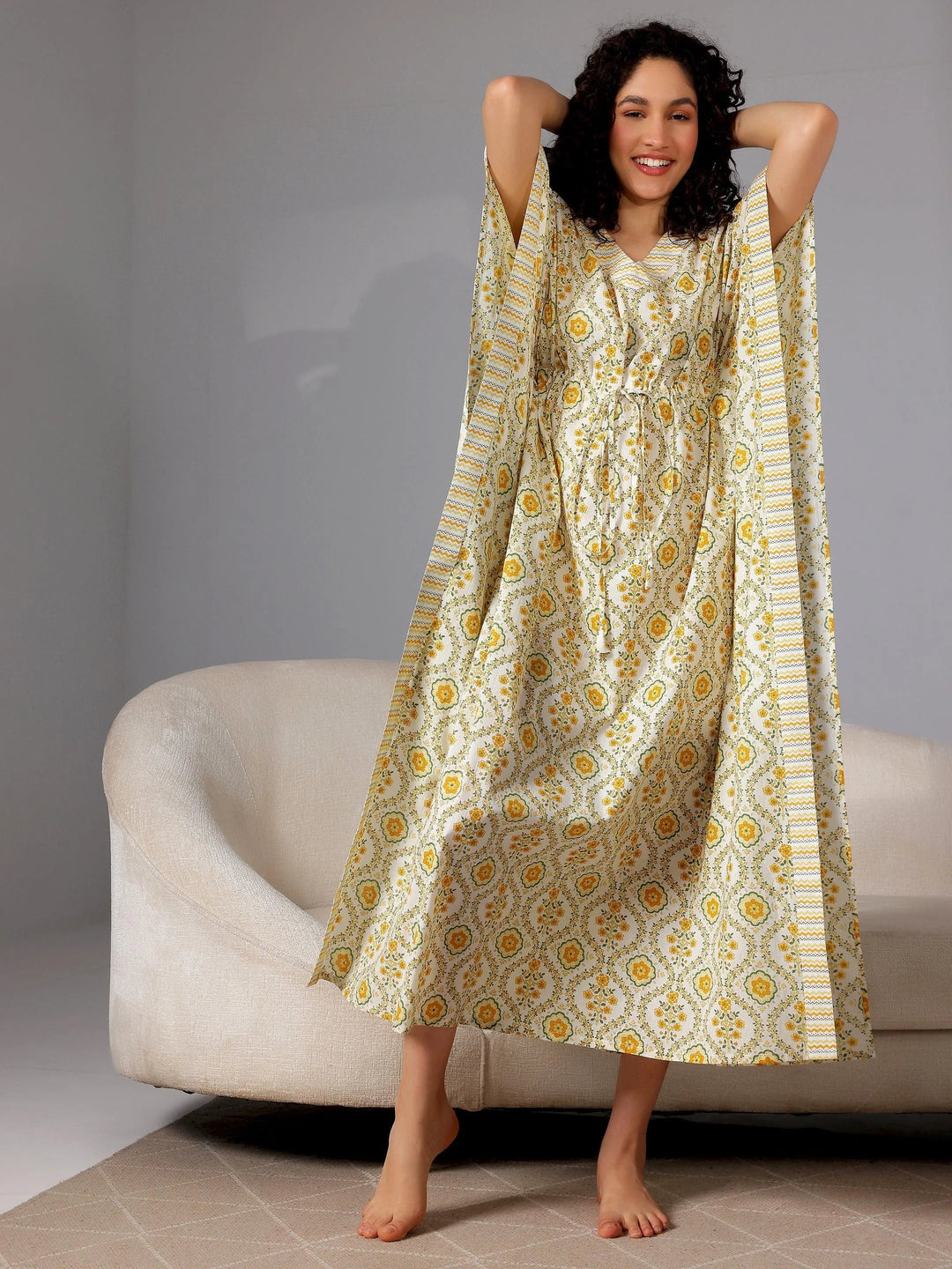 Yellow Printed Cotton Kaftan Night Dress - Libas