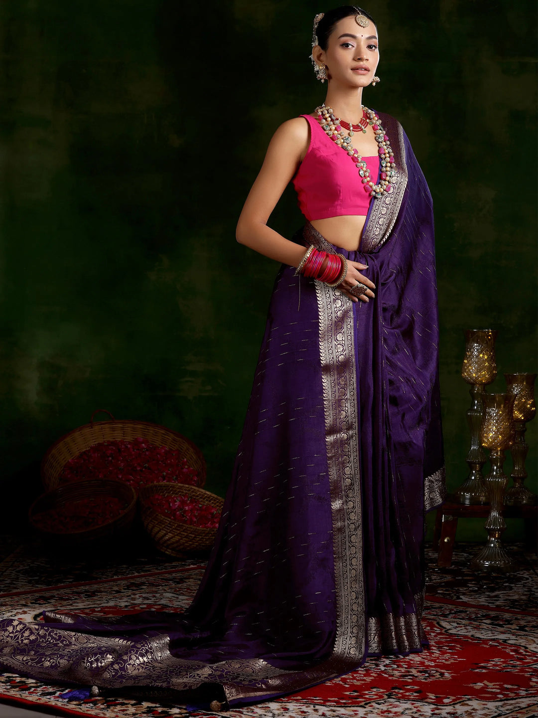  Purple Woven Design Silk Blend Saree With Unstitched Blouse Piece 