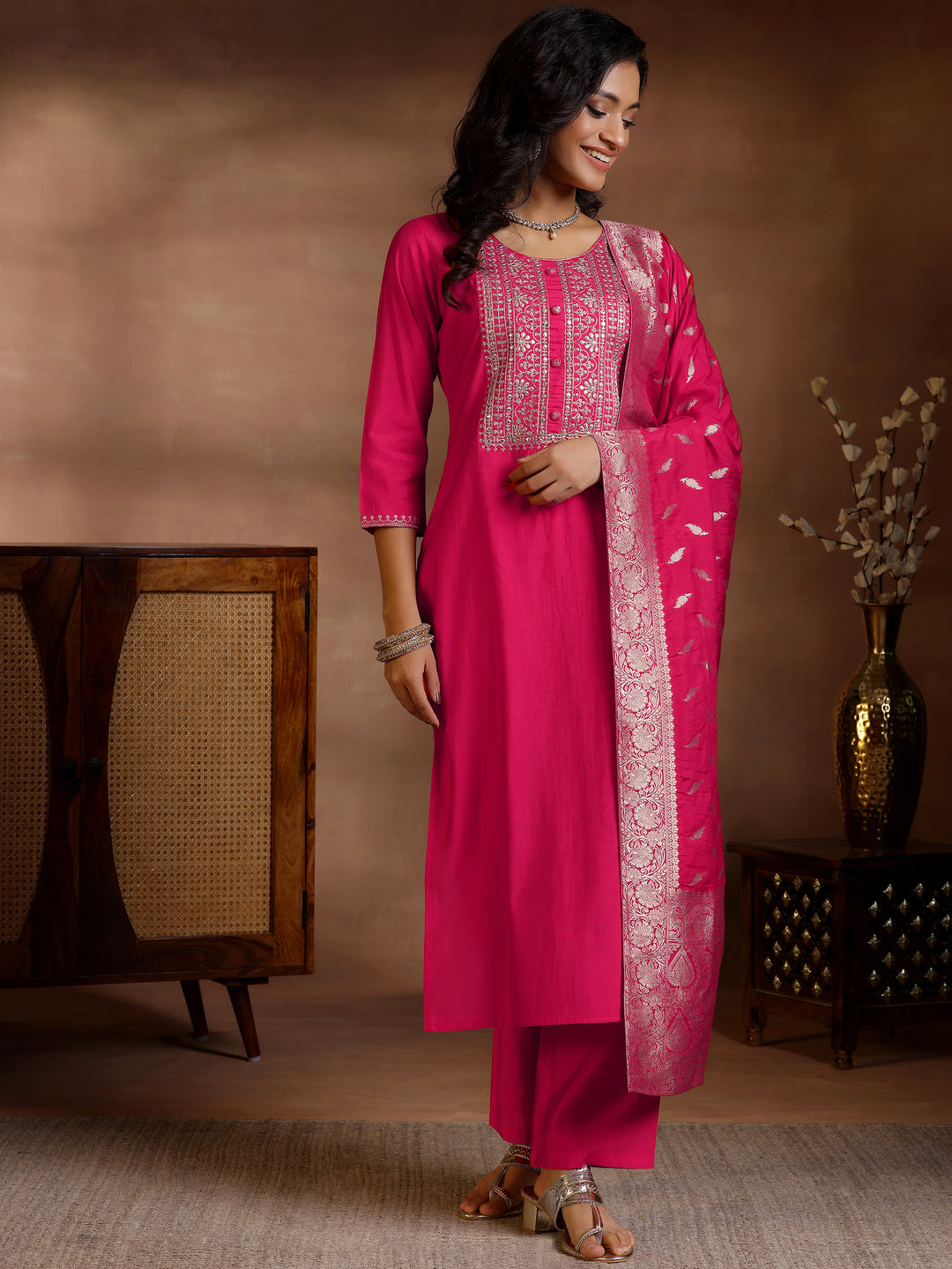  Pink Yoke Design Silk Blend Straight Suit Set With Dupatta 